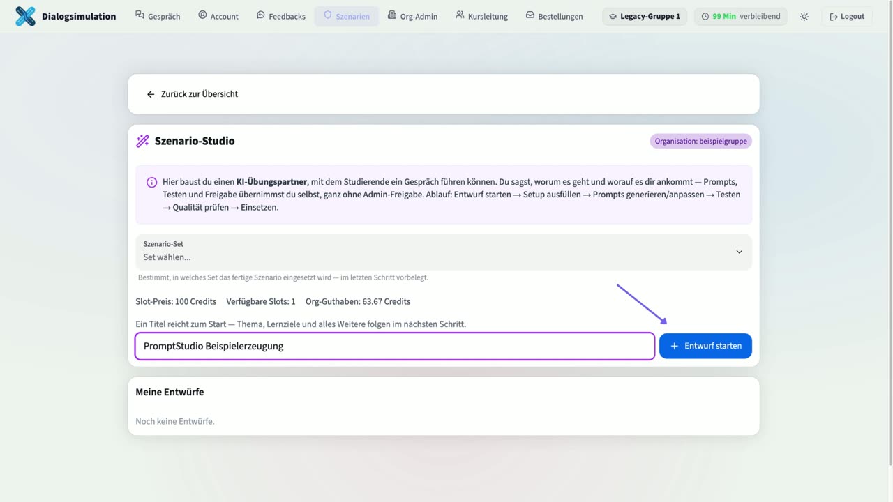 PromptStudio: ein KI-Übungspartner wird als Entwurf angelegt